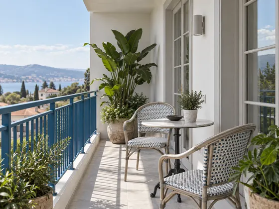 Balkon dengan aksen biru: Railing biru dengan dinding putih dan lis abu-abu lembut. Palet RAL 5009, RAL 9010, RAL 7044