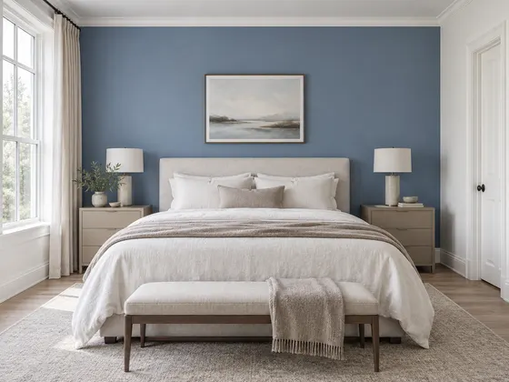 Kamar tidur biru tenang: Biru pada dinding utama, putih pada lis, dan beige pada furnitur. Palet RAL 5014, RAL 9010, RAL 1019