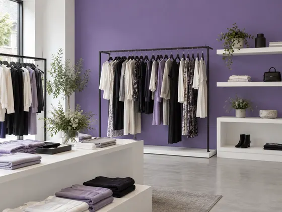 Butik ungu elegan: Dinding ungu, rak putih, dan rangka gantungan hitam. Palet RAL 4005, RAL 9016, RAL 9005