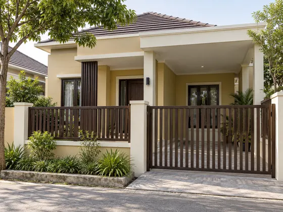 Rumah bernuansa pasir: Fasad kuning pasir, lis krem, dan pagar cokelat gelap. Palet RAL 1002, RAL 9001, RAL 8017