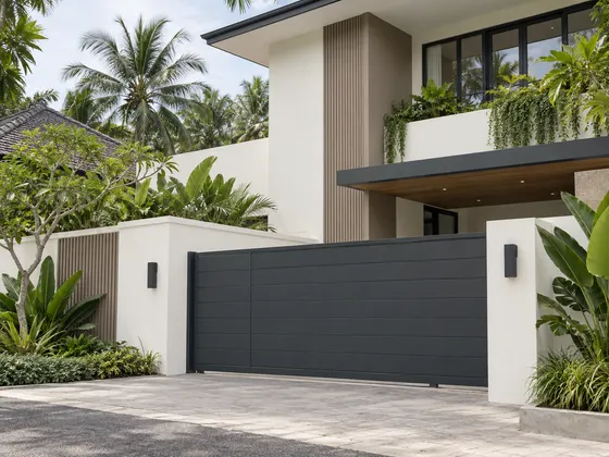 Fasad rumah putih modern: Fasad putih, pagar abu-abu gelap, dan bidang aksen beige. Palet RAL 9010, RAL 7016, RAL 1019