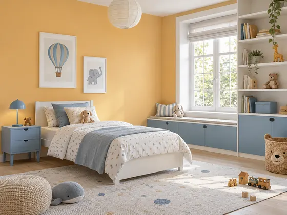 Kamar anak kuning cerah: Dinding kuning pastel dengan rak putih dan kabinet biru pastel. Palet RAL 1034, RAL 9016, RAL 5024