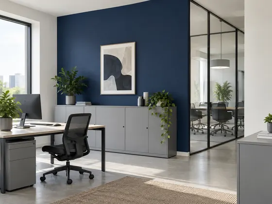 Kantor biru profesional: Bidang aksen biru, dinding putih, dan kabinet abu-abu. Palet RAL 5003, RAL 9010, RAL 7004