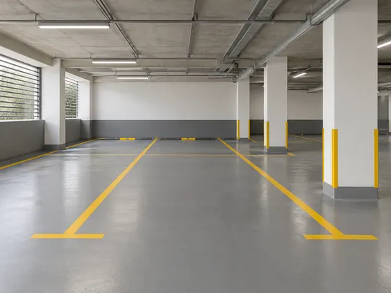 Area parkir bergaris kuning: Lantai abu-abu dengan garis kuning dan kolom putih. Palet RAL 7037, RAL 1023, RAL 9016