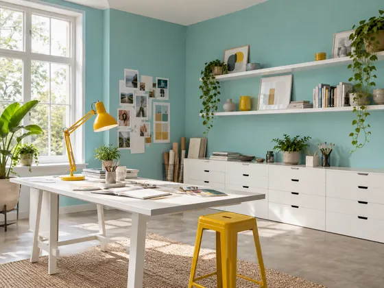 Studio kreatif turquoise: Dinding turquoise pastel dengan kabinet putih dan aksen kuning. Palet RAL 6034, RAL 9010, RAL 1003